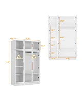 Famapy White Glass Doors Armoires Metal Frame Wardwore with Led Lights