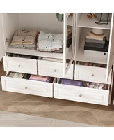 Famapy White Wood Wardrobe Armoires with Mirror,5-Drawers,Adjustable Shelves