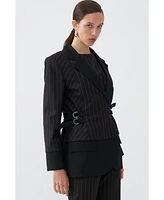 Nocturne Women's Striped Double Breasted Jacket with Belt Detail