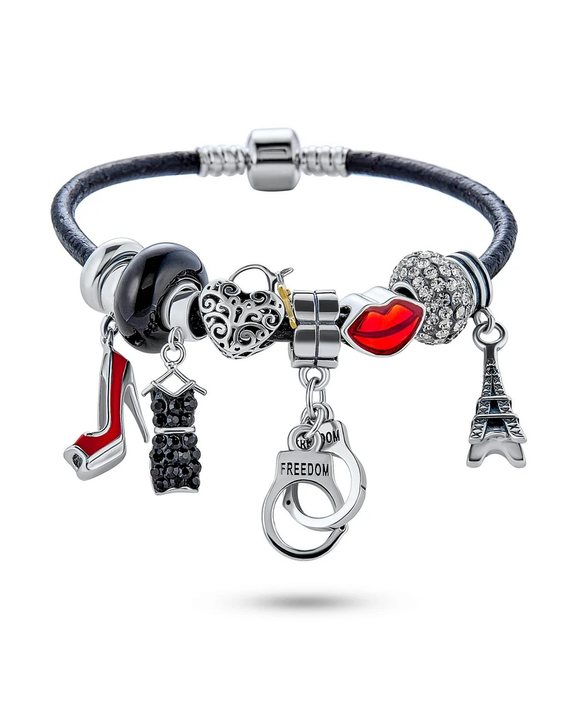 Bling Jewelry Hot Wife Partners in Crime Sexy S&M Shades Of Grey Crystal Beads Handcuff Themed Multi Charm Bracelet Black Leather For Women .925 Sterl