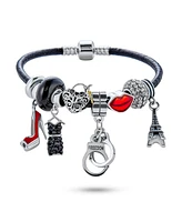 Bling Jewelry Hot Wife Partners in Crime Sexy S&M Shades Of Grey Crystal Beads Handcuff Themed Multi Charm Bracelet Black Leather For Women .925 Sterl