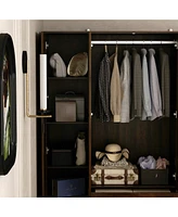 Homsee Brown Wood 4 Shutter Doors Armoires Wardrobe with Drawers, Hanging Rod