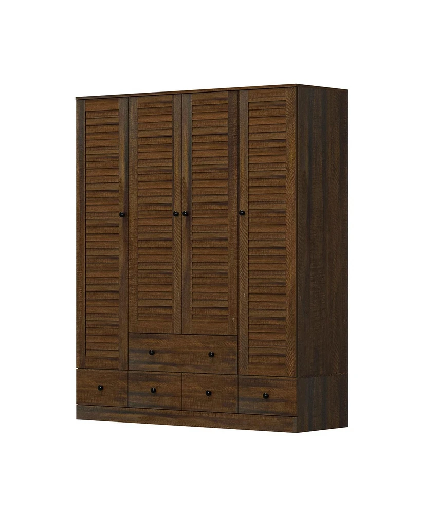 Homsee Brown Wood 4 Shutter Doors Armoires Wardrobe with Drawers, Hanging Rod