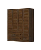 Homsee Brown Wood 4 Shutter Doors Armoires Wardrobe with Drawers, Hanging Rod