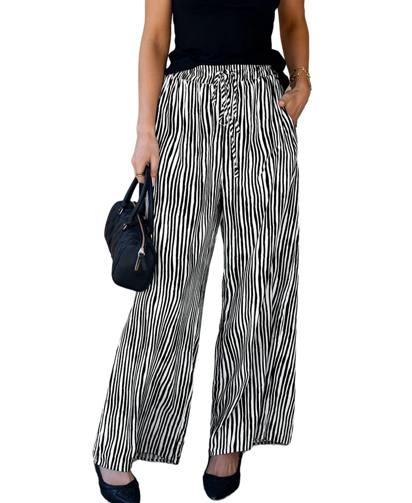 Cupshe Women's Black & White Stripe Drawstring Waist Wide Leg Pants