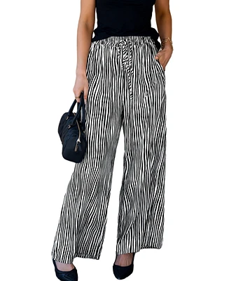 Cupshe Women's Black & White Stripe Drawstring Waist Wide Leg Pants