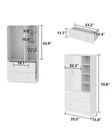 Famapy White Wood Armoires Wardrobe With Mirror, Pulling Hanging Rod, Drawers