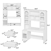 Famapy 79.1 in. Tall White Wood 13-Shelf Standard Bookcase with Writing Desk Table, Glass Door Cabinet, -Drawers, French Style