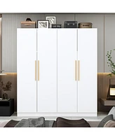 Famapy Gray Wood 4-Door Wardrobe Armoires with Hanging Rod and Storage Shelves