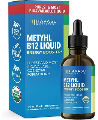 Havasu Nutrition Methyl B12 Energy Booster Liquid Drops, Vitamin Energy Boost, B12 Bioavailable Form for B12 Pathway, Strawberry Flavored, Havasu Nutr