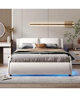 Slickblue Full Size Upholstered Faux Leather Platform Bed with Led Light Bed Frame with Slatted