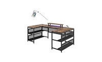 Slickblue U-Shaped Desk with Shelves and Led Lighting for Home Office Organization