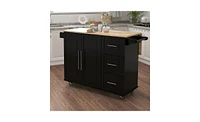 Slickblue Kitchen Island with Spice Rack, Towel Rack, and Extensible Solid Wood Table Top - Black