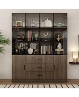 Famapy Brown Wood 13-Shelf Standard Bookcase with Pop up Glass Doors