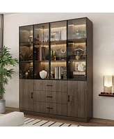 Famapy Brown Wood 13-Shelf Standard Bookcase with Pop up Glass Doors