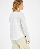 Style & Co Women's Cotton Shine Embroidered Henley Top, Created for Macy's