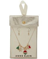 Anne Klein Gold-Tone Multicolor Crystal Holiday Charm Statement Necklace & Drop Earrings Set