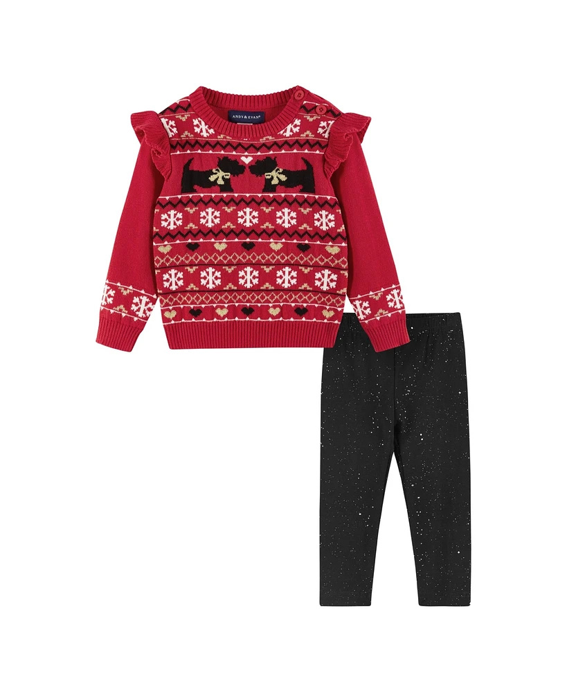 Andy & Evan Baby Girls Red Fair Isle Sweater and Glitter Legging Set