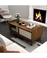 Gymax Rectangular Coffee Table w/ Storage Weaving Sliding Door & Adjustable Shelf