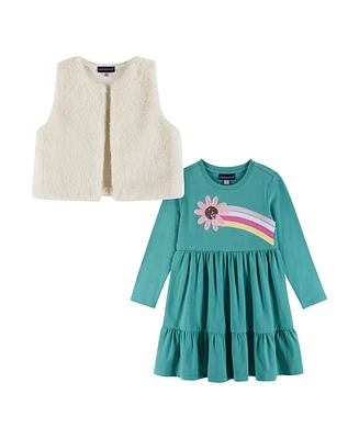 Andy & Evan Toddler Girls Toddler/Child Teal Jersey Dress w/Rainbow Graphic Faux Fur Vest Set