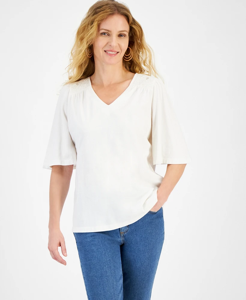 Style & Co Women's V-Neck Embroidered Flutter-Sleeve Top, Created for Macy's