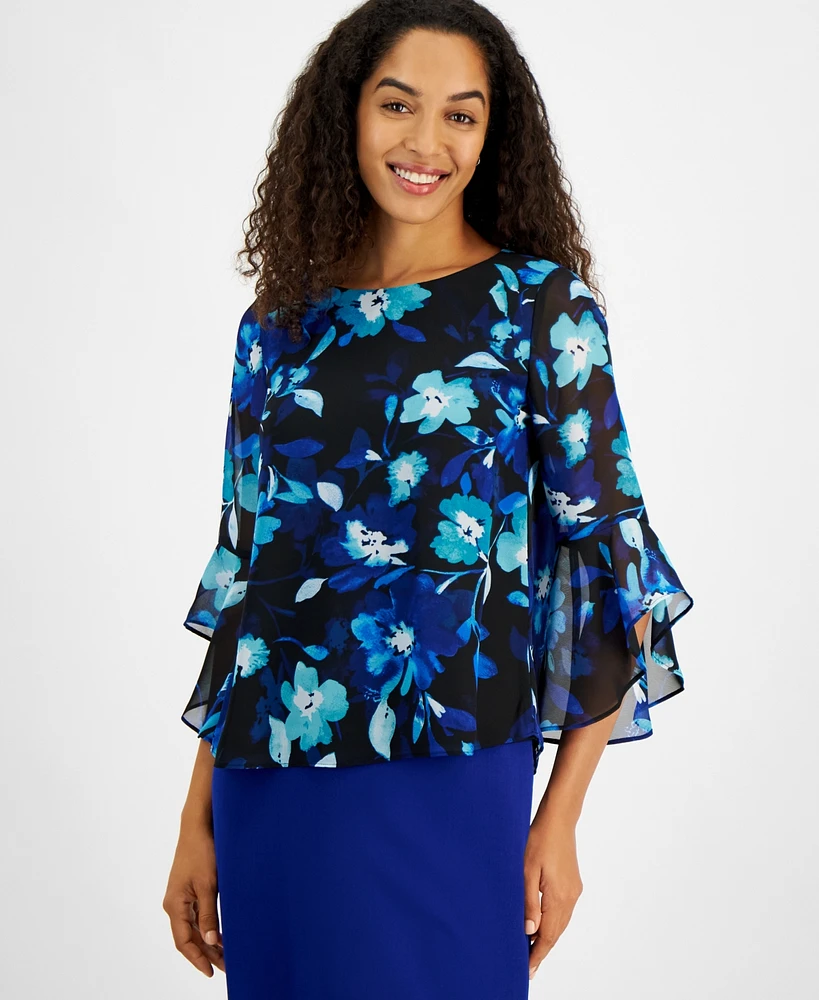 Kasper Women's Floral Ruffled 3/4-Sleeve Top, Regular & Petite Sizes