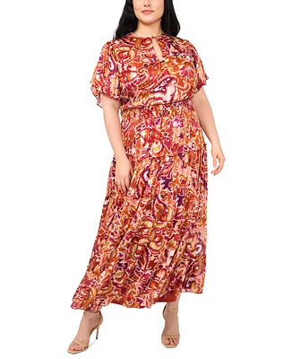 Msk Plus Printed Keyhole Smocked Maxi Dress