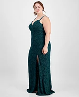 City Studios Trendy Plus Glitter Lace Spaghetti-Strap Gown