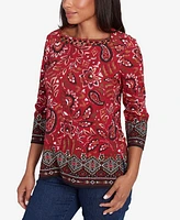 Ruby Rd. Petite Embellished Envelope Neck Paisley Border Printed Knit Top