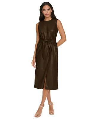 Calvin Klein Women's Faux-Leather Sleeveless Tie-Waist Dress