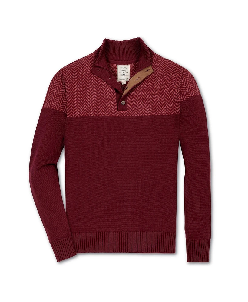 Hope & Henry Men's Organic Mock Neck Intarsia Yoke Button Sweater