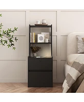 Slickblue Modern Nightstand with Charging Station, Night Light, Bookshelf & Storage Cabinet – Black