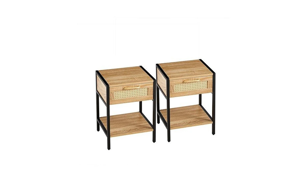 Slickblue Set of 2 Rattan End Tables with Drawer, 15.74", Modern Nightstands with Metal Legs – Natural