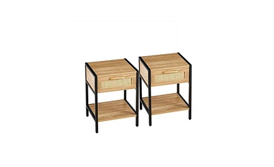 Slickblue Set of 2 Rattan End Tables with Drawer, 15.74", Modern Nightstands with Metal Legs – Natural