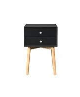 Slickblue Mid-Century Modern Side Table with 2 Drawers & Rubber Wood Legs, Black Storage Cabinet