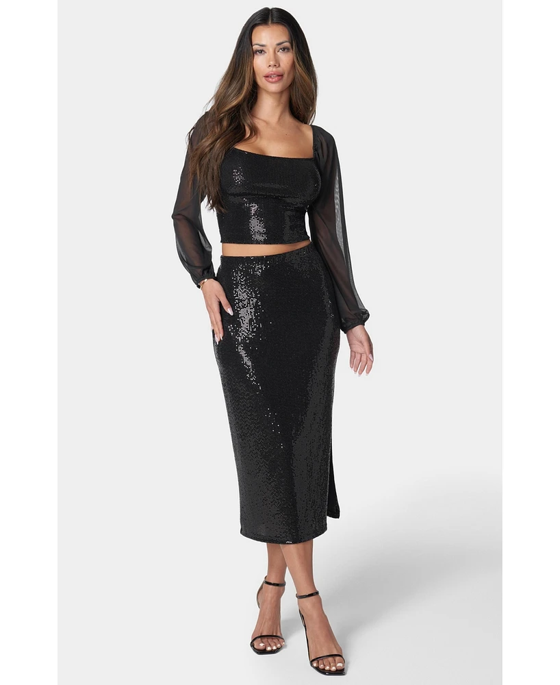 Bebe Women's 2 Piece Sequin Square Neck Set Black