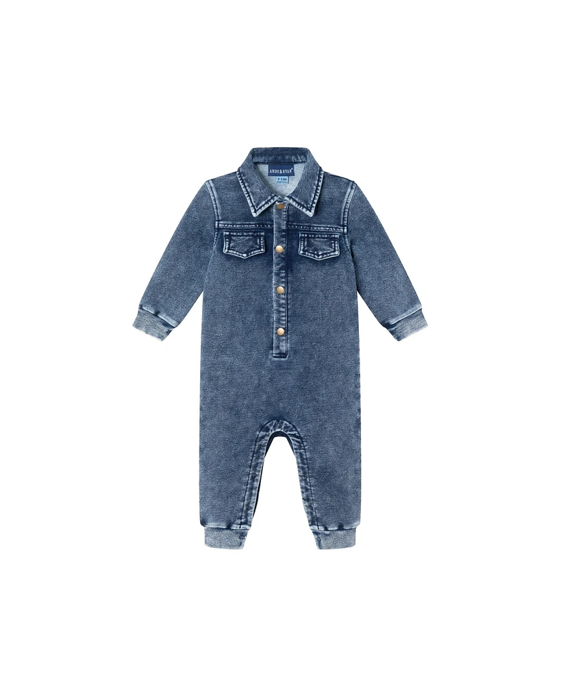 Andy & Evan Baby Boys Blue Knit Faux Denim Shirt Romper