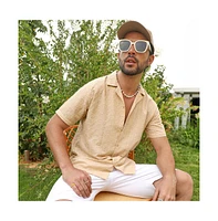 Men's Beige Embroidered Geometric Shirt