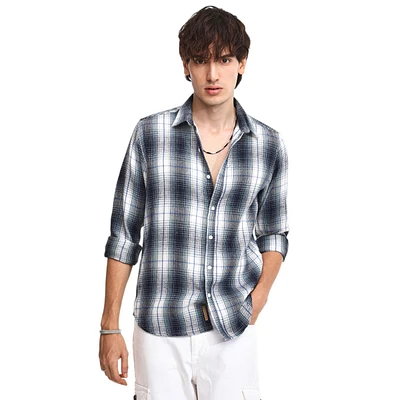 Campus Sutra Men's Navy Blue & Ivory White Ombre Buffalo Check Shirt