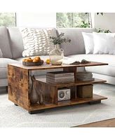 Gymax Geometric Coffee Table w/ Storage Shelves 3-Tier Rectangular Tea Rustic Brown