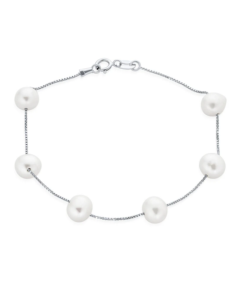 Bling Jewelry Tin Cup White Freshwater Cultured 7MM Pearl Chain Station Pearls Bracelet .925 Sterling Silver