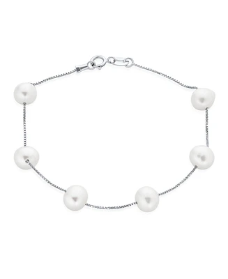 Bling Jewelry Tin Cup White Freshwater Cultured 7MM Pearl Chain Station Pearls Bracelet .925 Sterling Silver