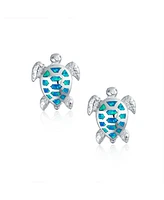 Bling Jewelry Nautical Tropical Beach Vacation Iridescent Created Opal Inlay Sea Tortoise Turtle Stud Earrings For Women .925 Sterling Silver 13M