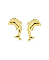 Bling Jewelry Tiny Mini Minimalist Nautical Tropical Ocean Marine Life Real 14K Yellow Gold Dolphins Stud Earrings For Women Safety Screw back