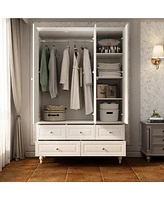 Famapy Brown Paint Big Wardrobe Armoires With Mirror,Drawers,Shelves