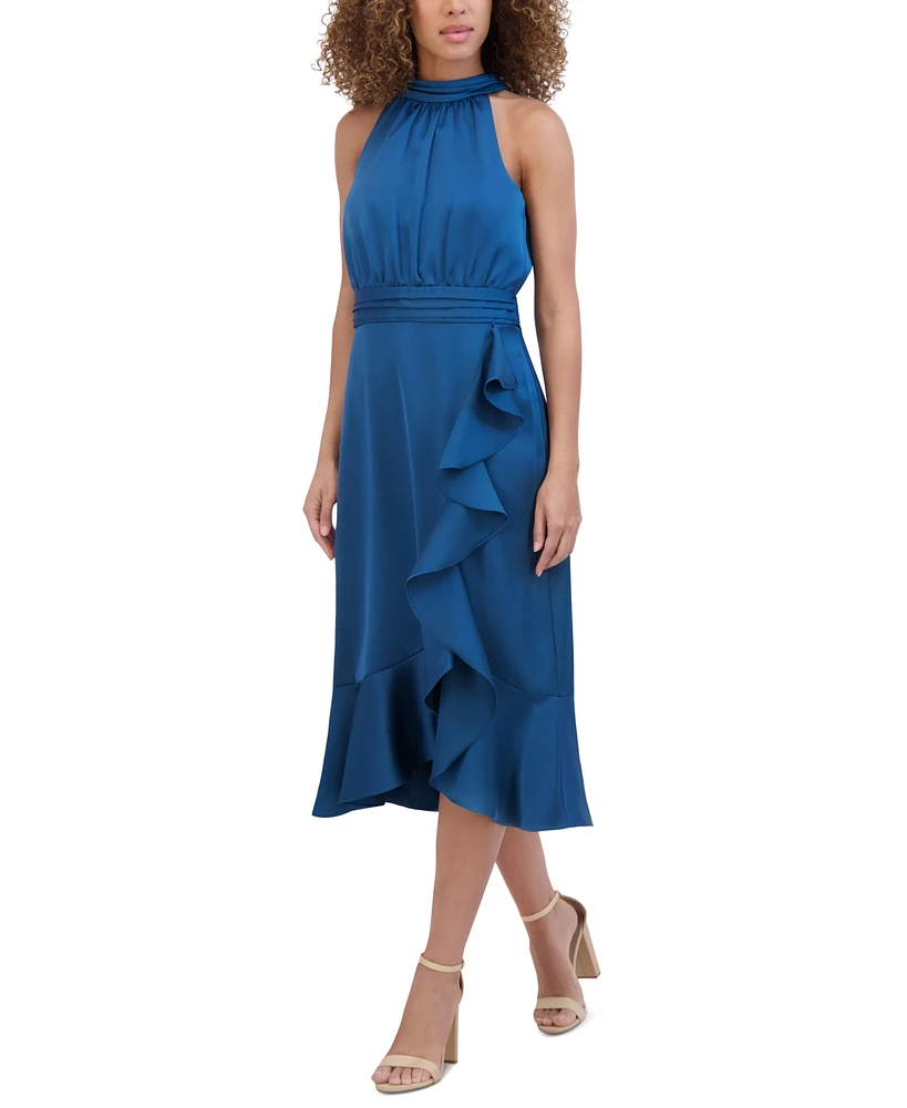 kensie Women's Satin Ruffle-Trimmed Midi Dress