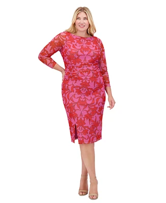 Vince Camuto Plus Floral-Print Shirred Mesh Midi Dress