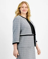 Kasper Plus Open-Front Piped-Trim Tweed Jacket