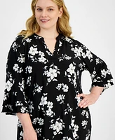 Kasper Plus Split-Neck Floral Flutter-Sleeve Top