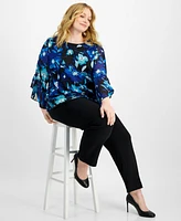 Kasper Plus Floral Ruffled 3/4-Sleeve Top